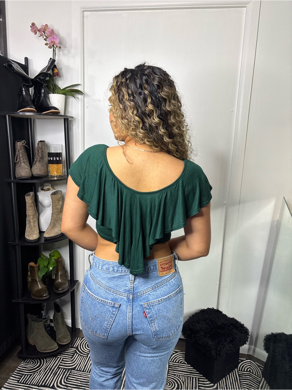 Fashion Magazine Dark Green Ruffle-Back Crop Top